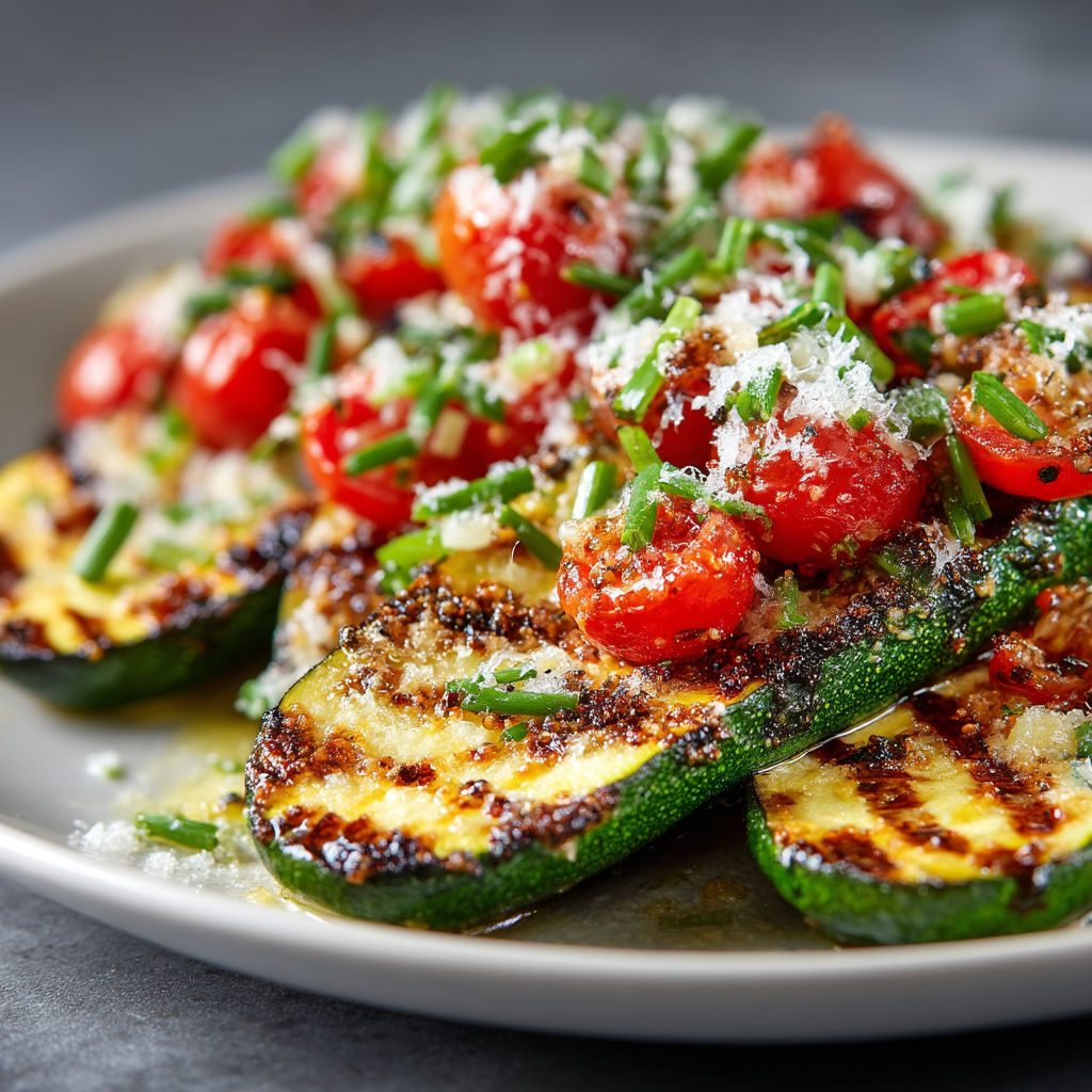 A plate of grilled courgettes, tomatoes and Parmesan cheese.