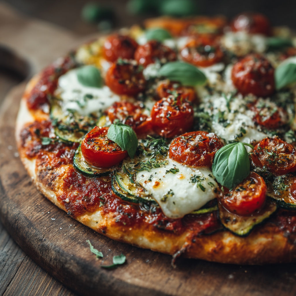 A pizza with tomatoes, cheese, and basil.
