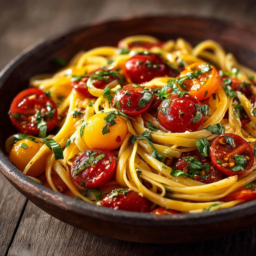 A bowl of pasta with tomatoes and basil.