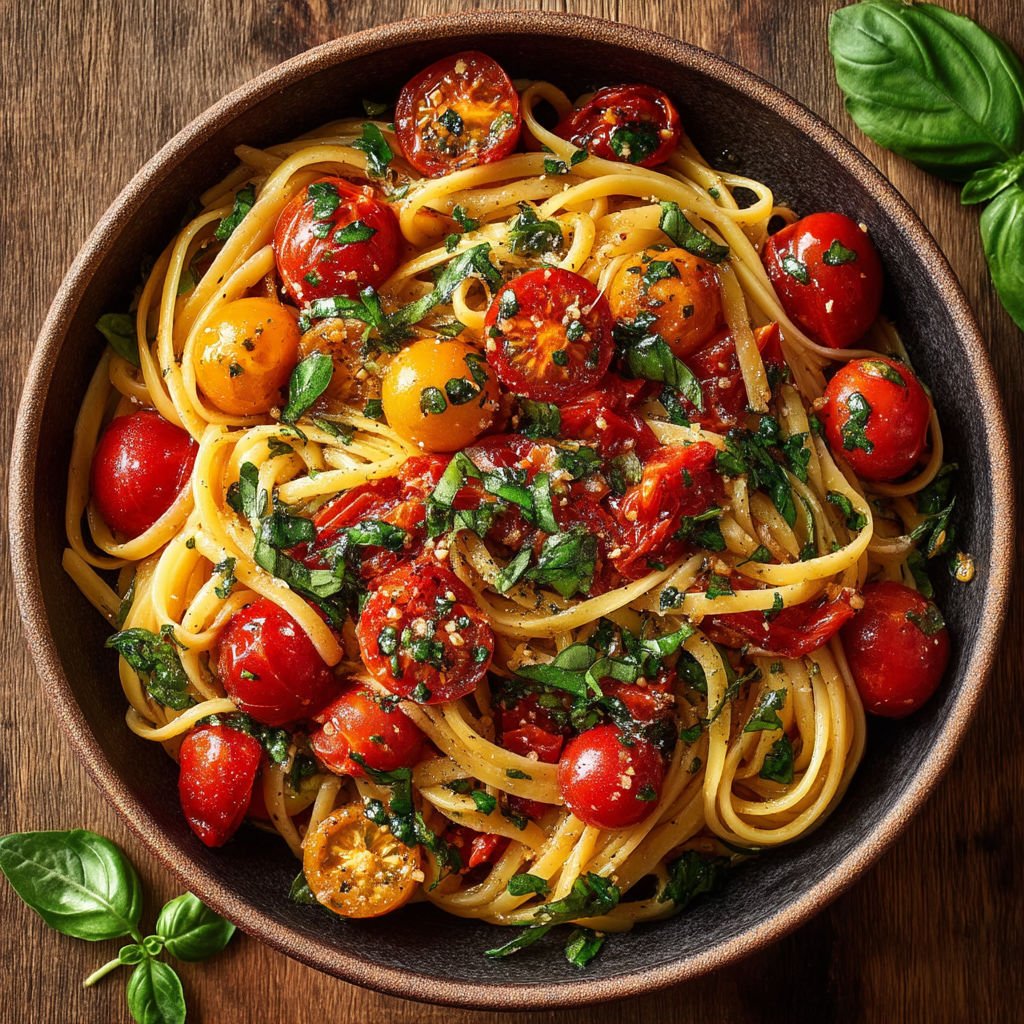A bowl of pasta with tomatoes and basil.
