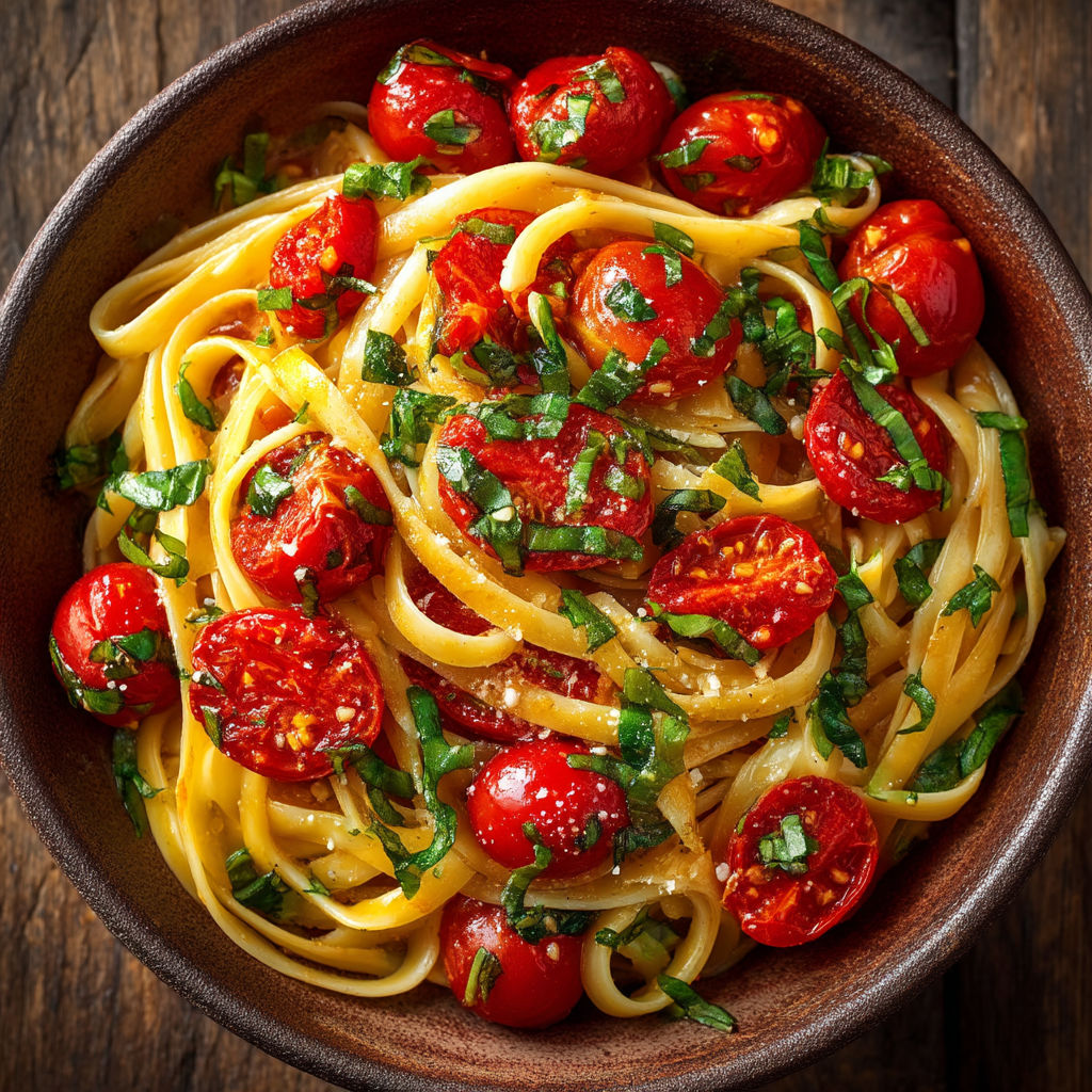 A bowl of pasta with tomatoes and basil.
