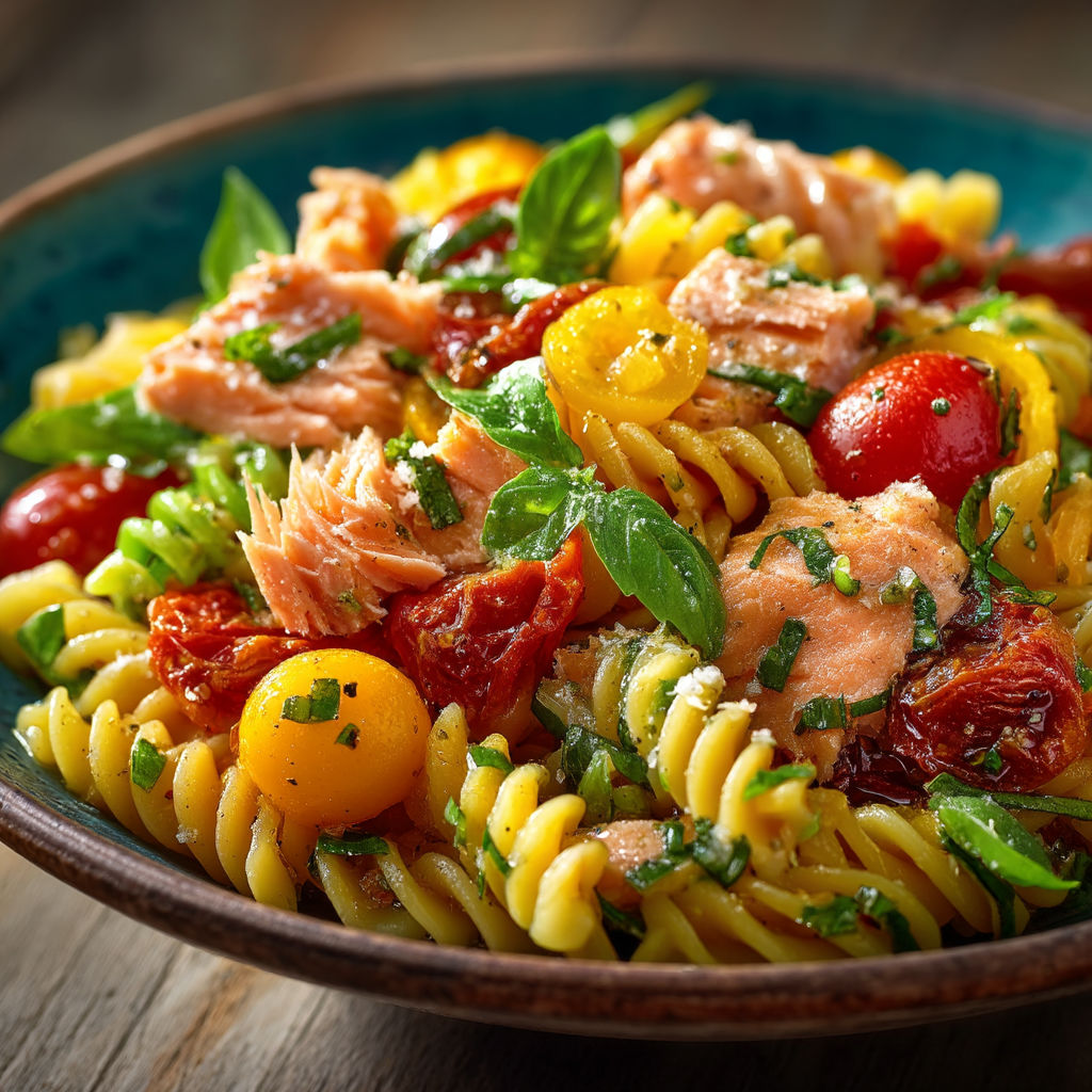 A bowl of pasta with tomatoes, spinach, and salmon.