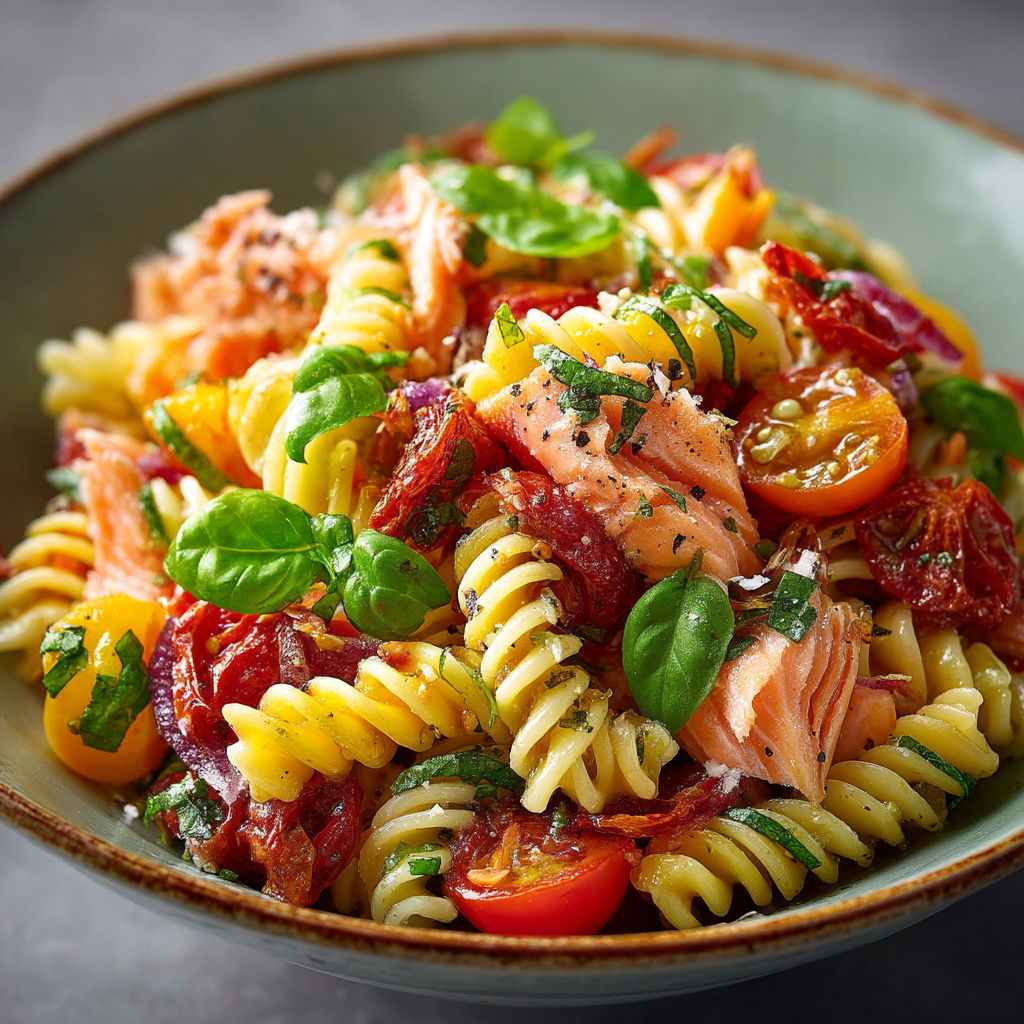 A bowl of pasta with tomatoes and basil.