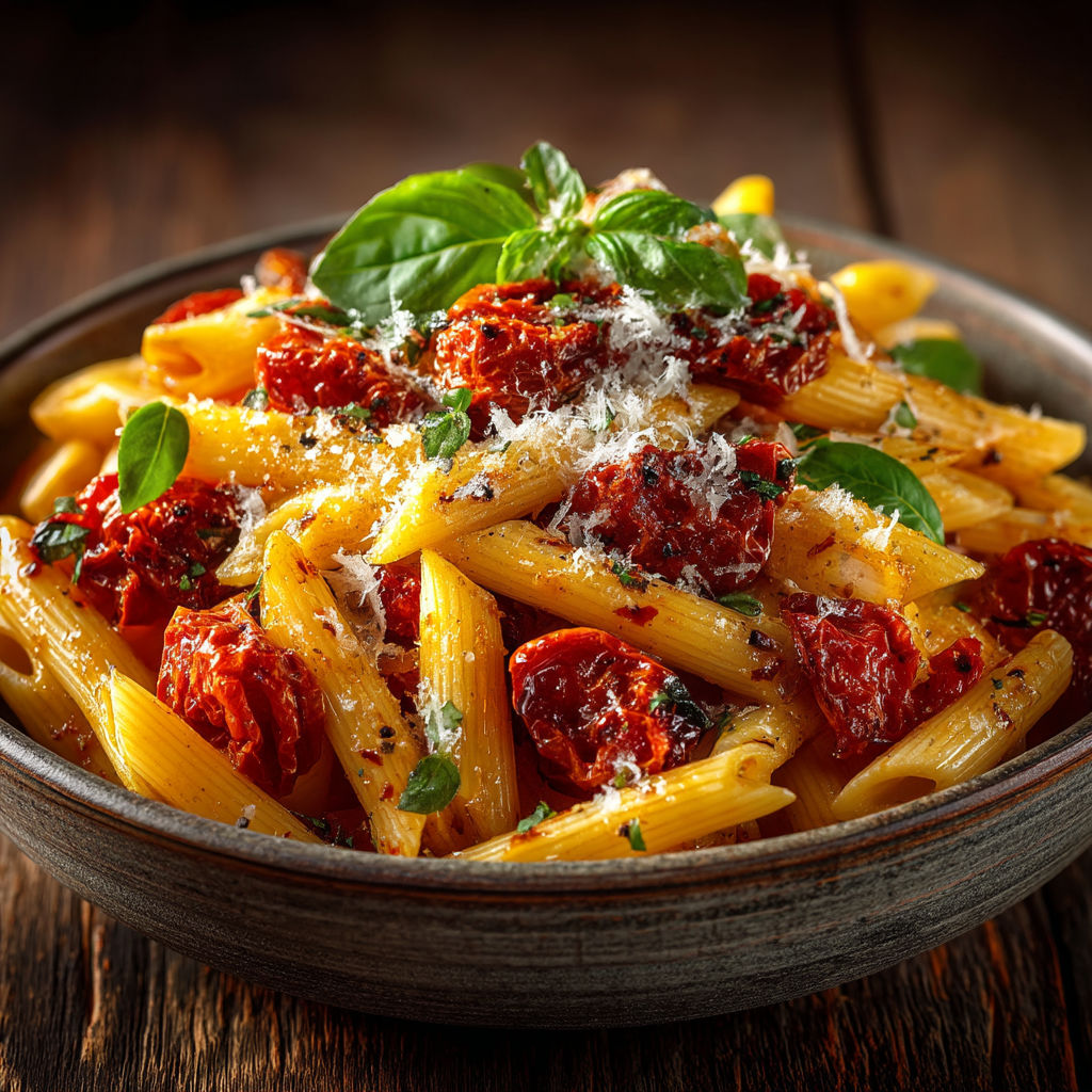 A bowl of pasta with tomatoes and Parmesan cheese.