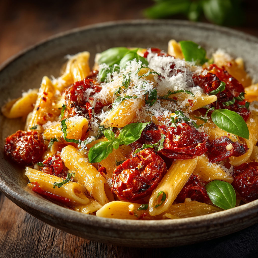 A bowl of pasta with tomatoes and cheese.