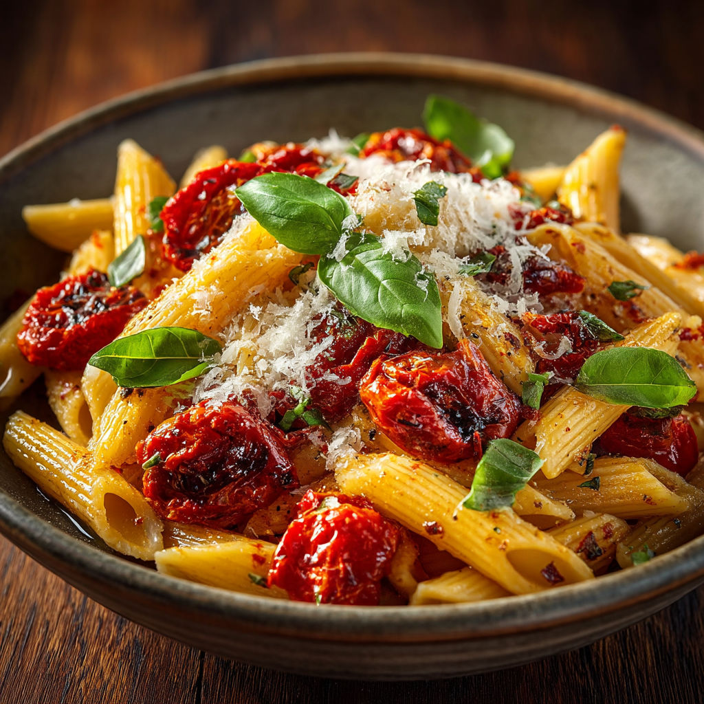 A bowl of pasta with tomatoes and cheese.