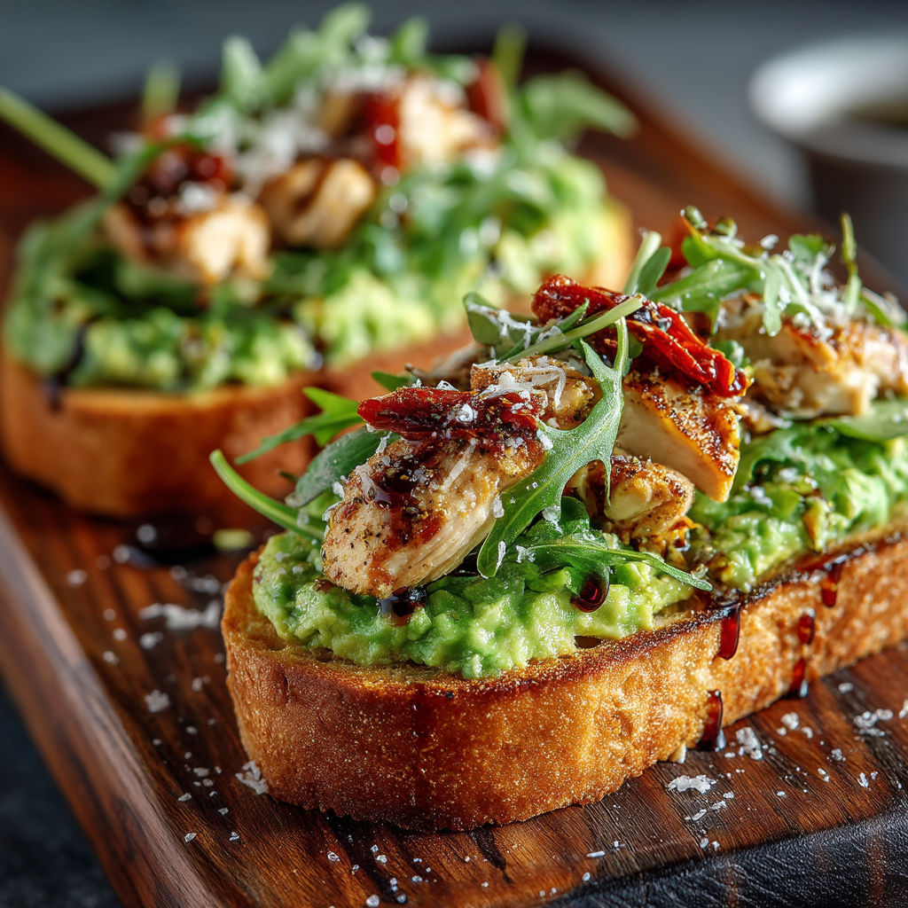 A close up of a sandwich with chicken, avocado, and tomatoes.