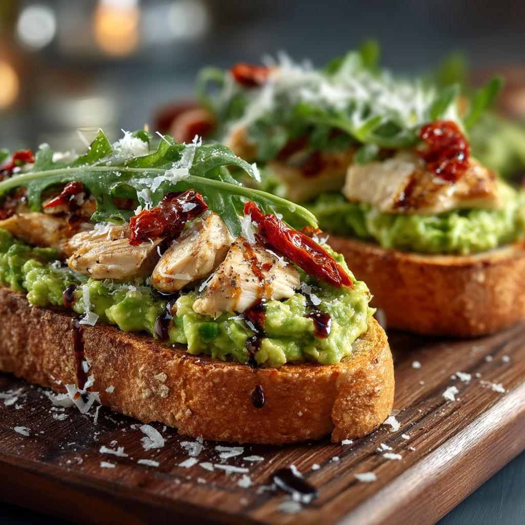 A close up of a grilled chicken sandwich with avocado and tomato.