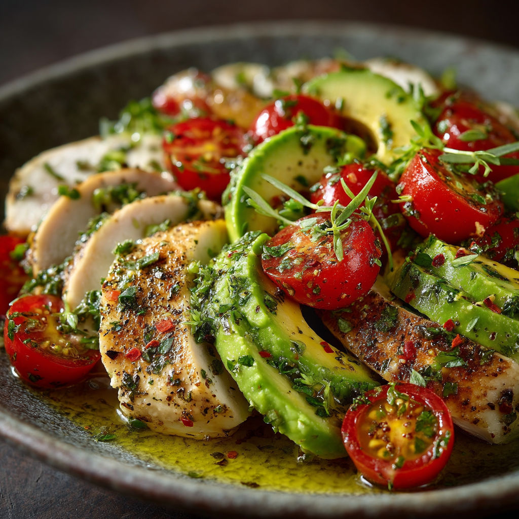 A plate of food with chicken, avocado, and cherry tomatoes.