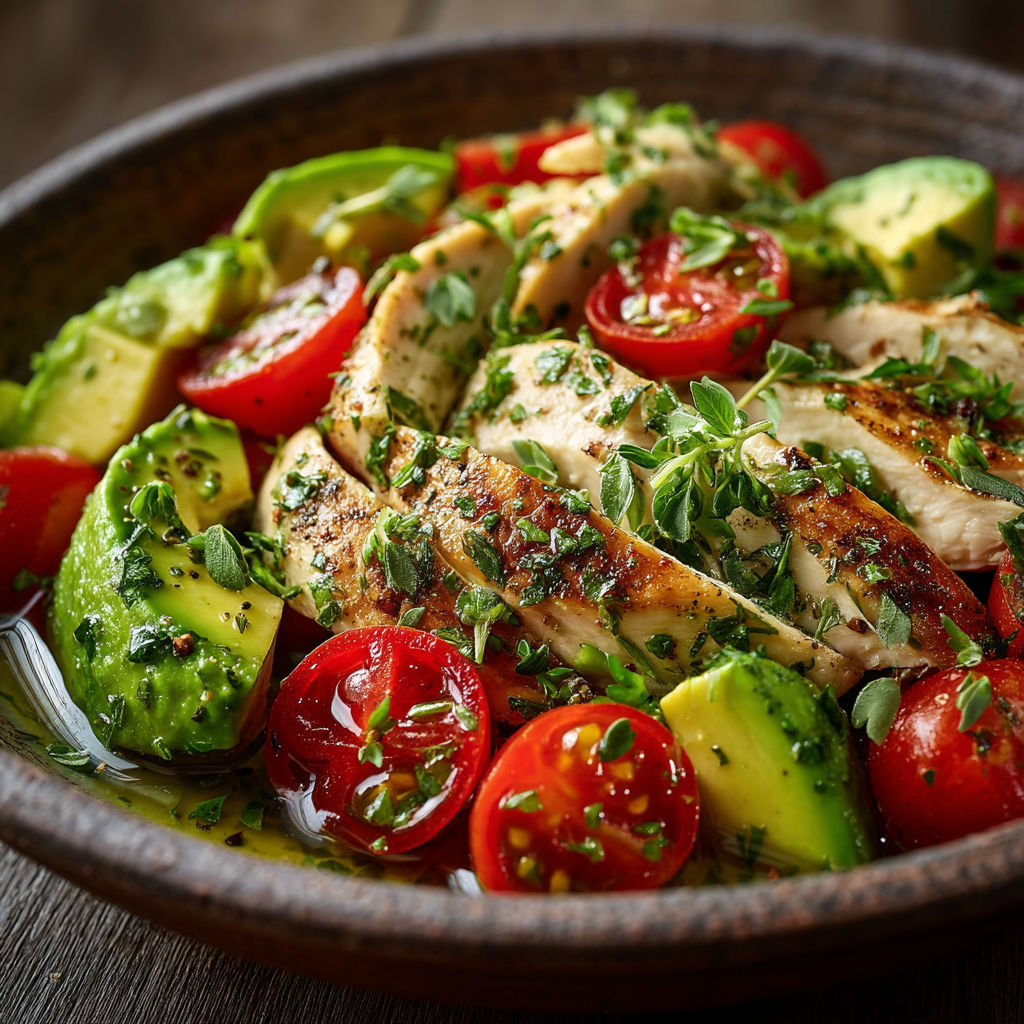 A bowl of food with chicken, tomatoes, avocado, and lime.