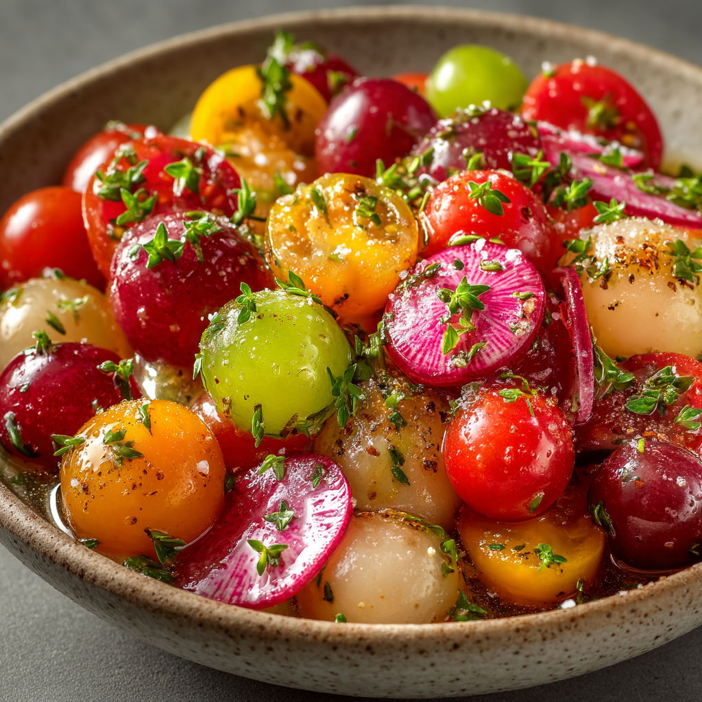 A bowl of salad with tomatoes, radishes, and raisins.