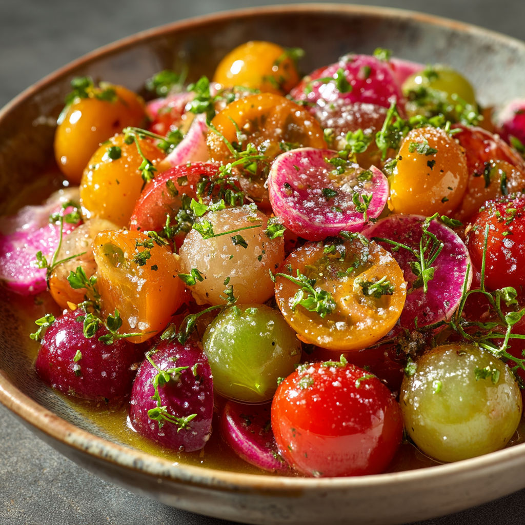 A bowl of salad with tomatoes, radishes, and raisins.