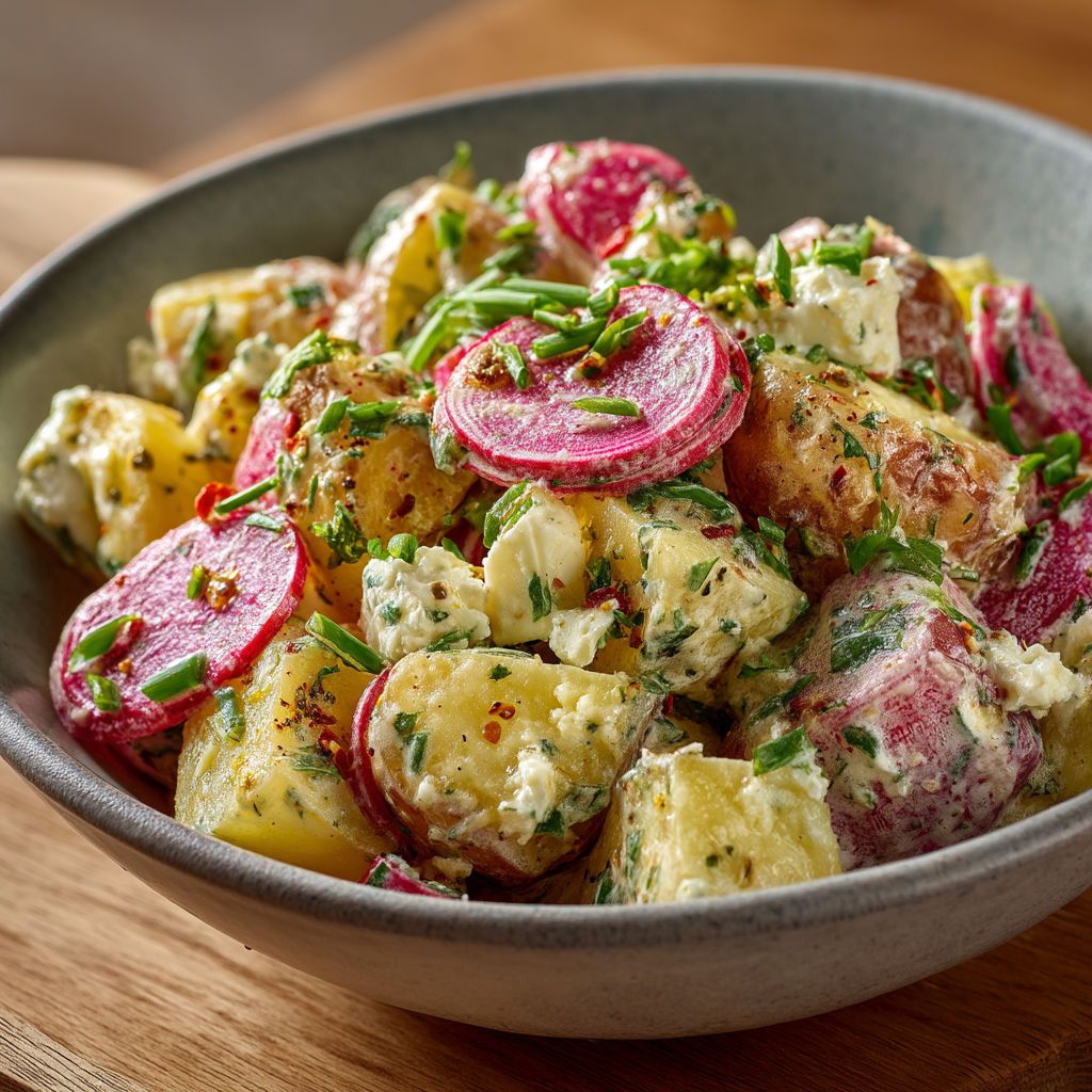 A bowl of food with potatoes, radishes, and greens.