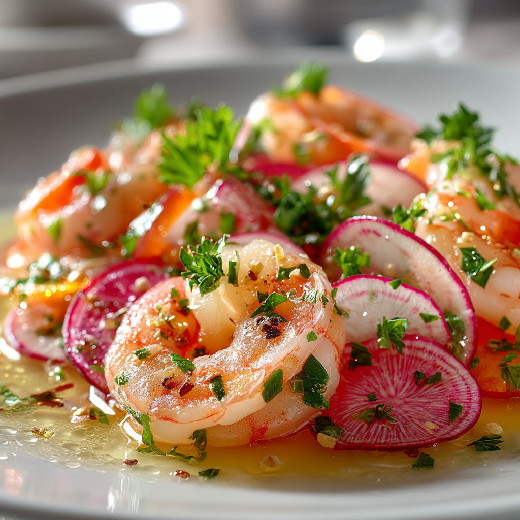 A plate of shrimp with radishes and herbs.