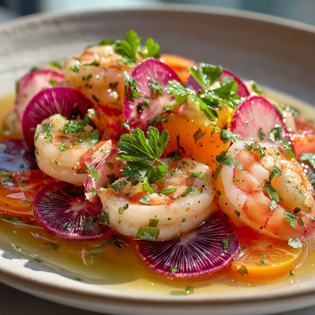 A plate of shrimp and vegetables.