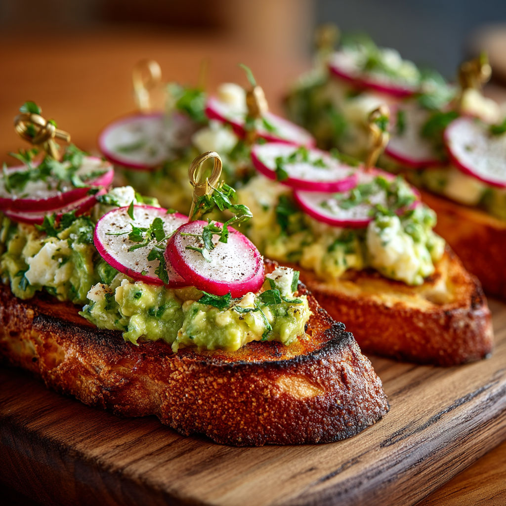 A wooden table with two pieces of bread with toppings on it.
