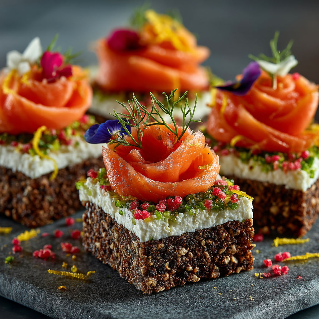 Toasts with black bread, cream cheese and smoked salmon.