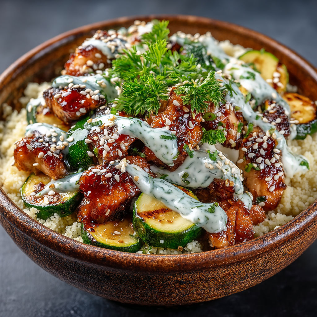 A bowl of food with chicken, rice, and vegetables.