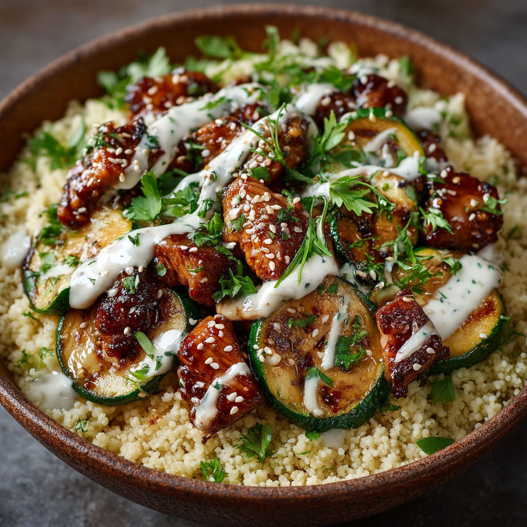 A bowl of food with chicken, rice, and vegetables.