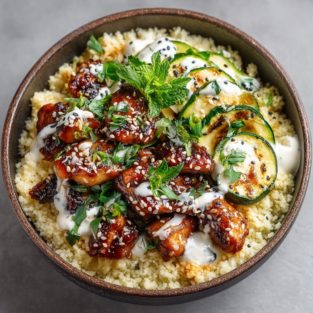 A bowl of food containing chicken, rice, and vegetables.