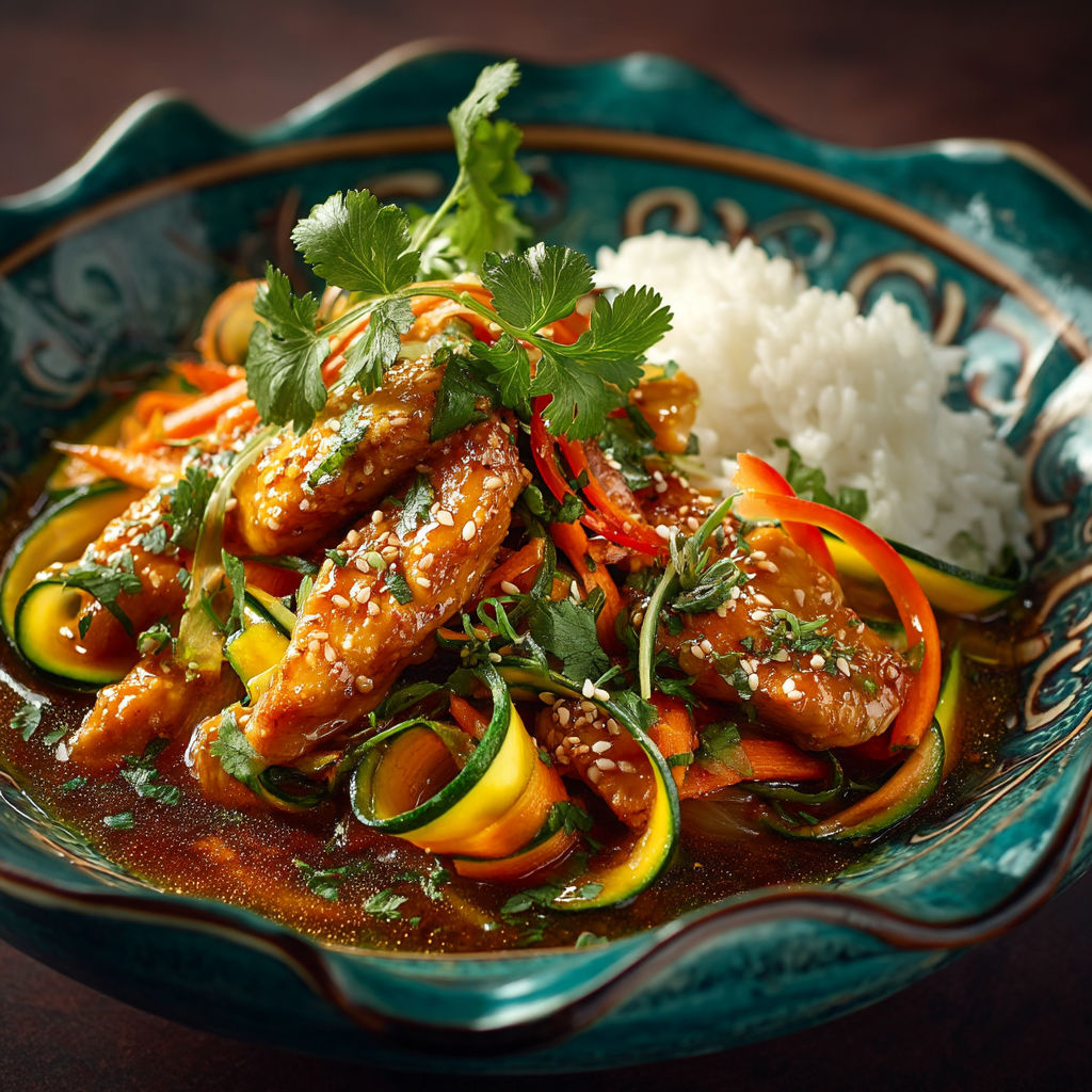 A bowl of food with chicken, vegetables, and rice.