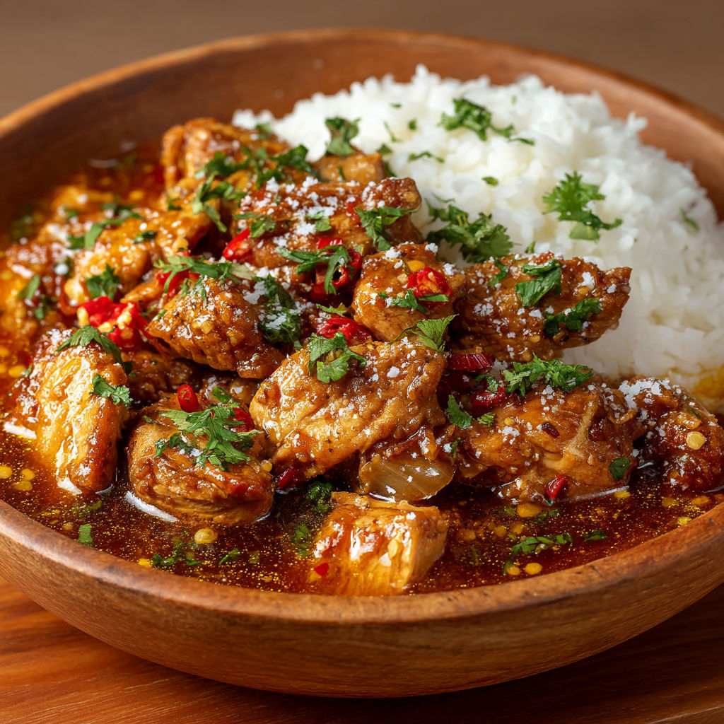 A bowl of chicken and rice.