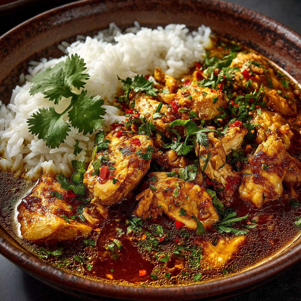 A bowl of food with rice and meat.