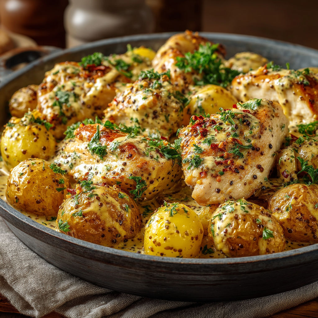 A pan of chicken and potatoes.