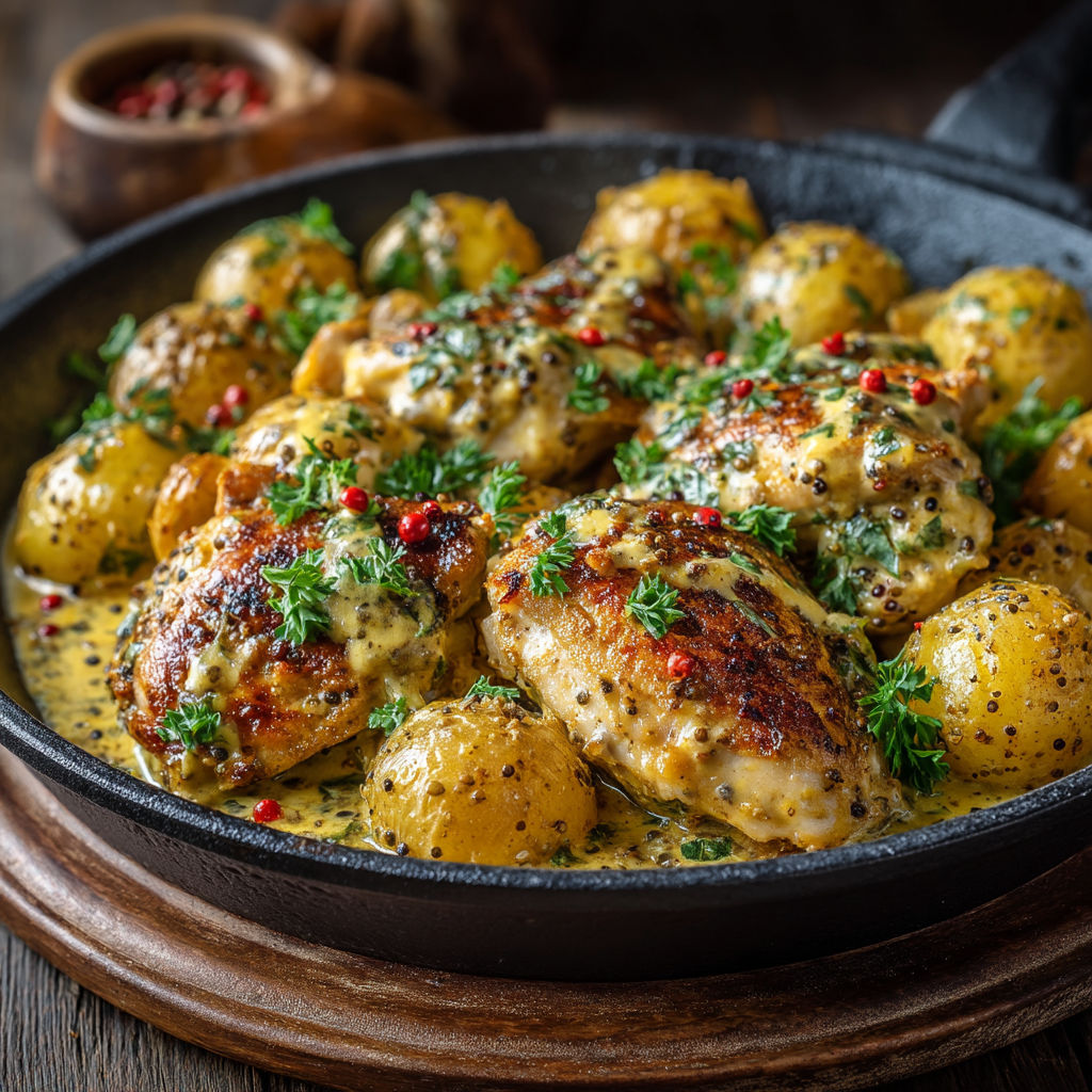 A pan of food with chicken and potatoes.