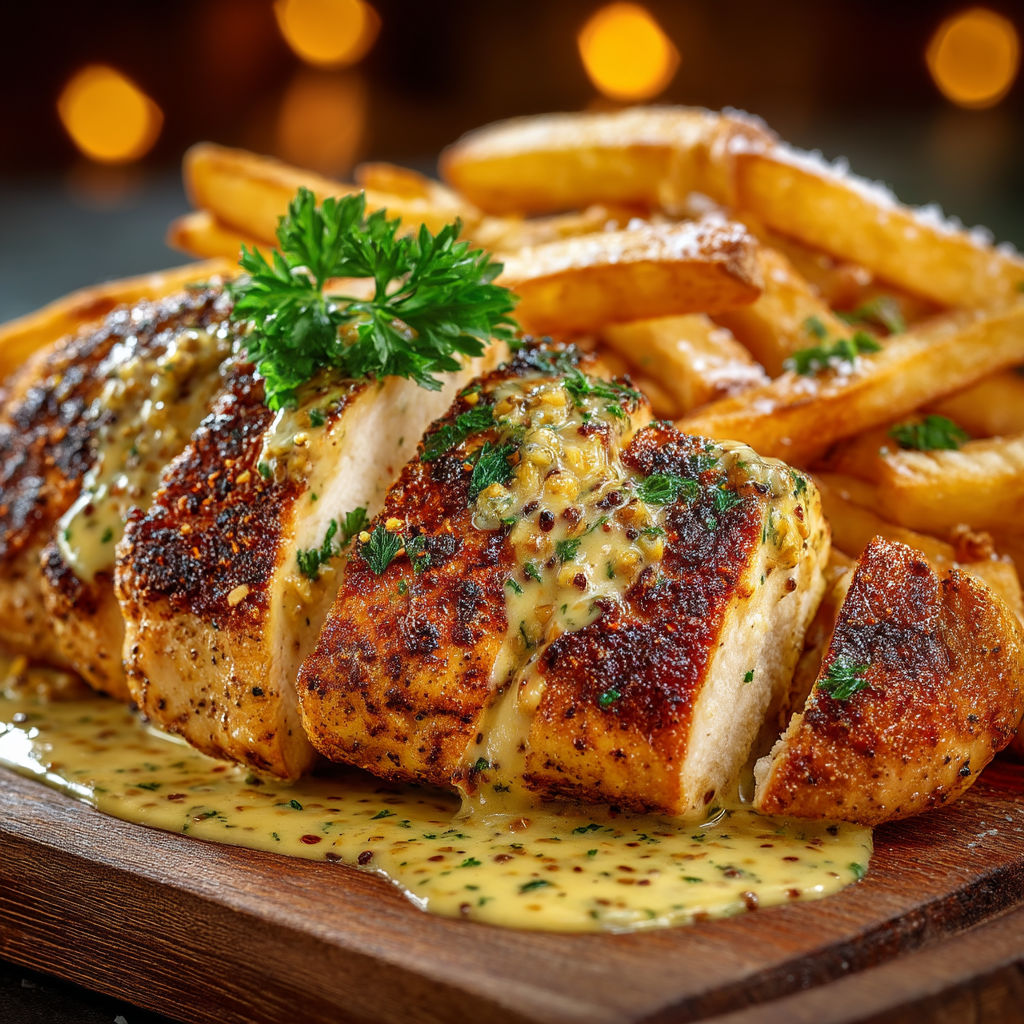 A plate of food with a chicken breast and fries.