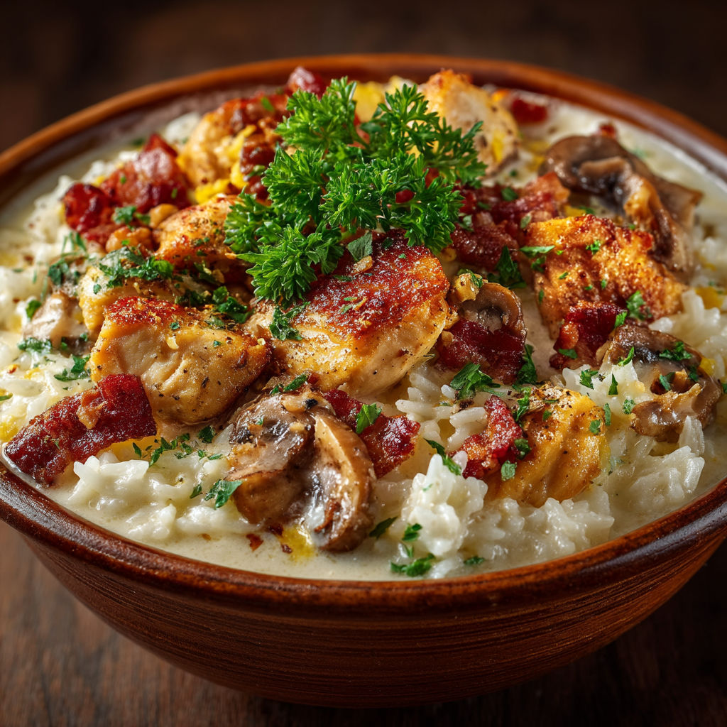 A bowl of rice with chicken and mushrooms.