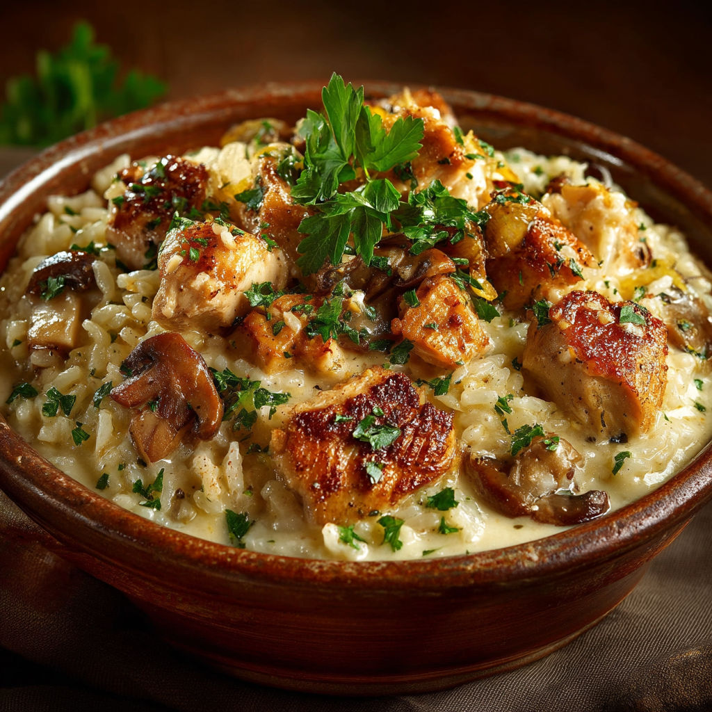 A bowl of rice with chicken and mushrooms.