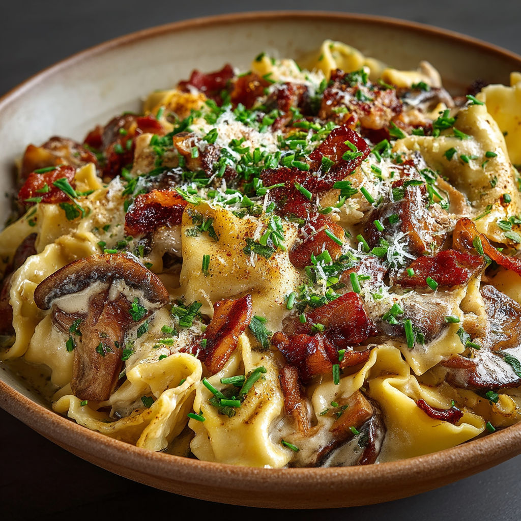 A bowl of pasta with mushrooms and cheese.