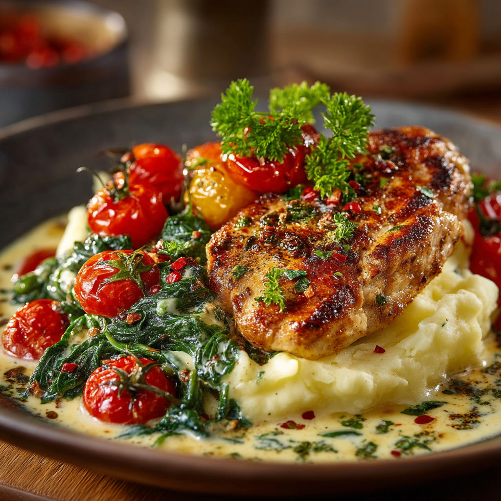 A plate of food with chicken, tomatoes, and potatoes.