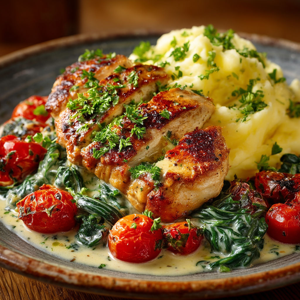 A plate of food with chicken, tomatoes, and potatoes.