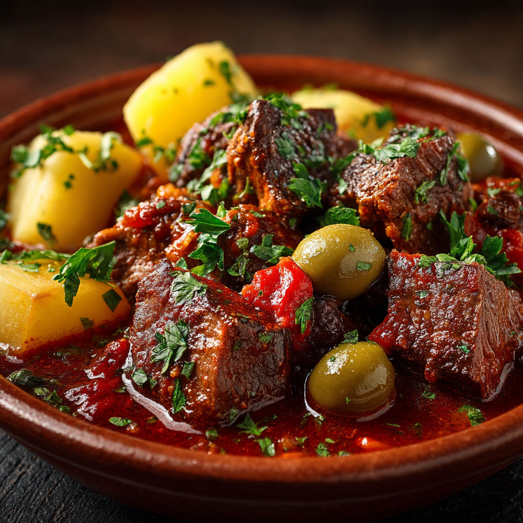 A bowl of meat with olives and potatoes.