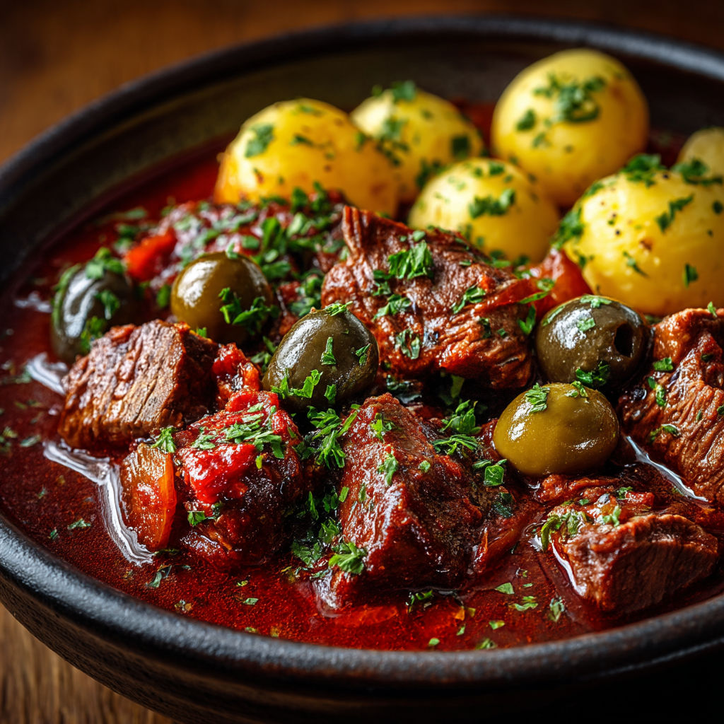 A bowl of meat and vegetables.