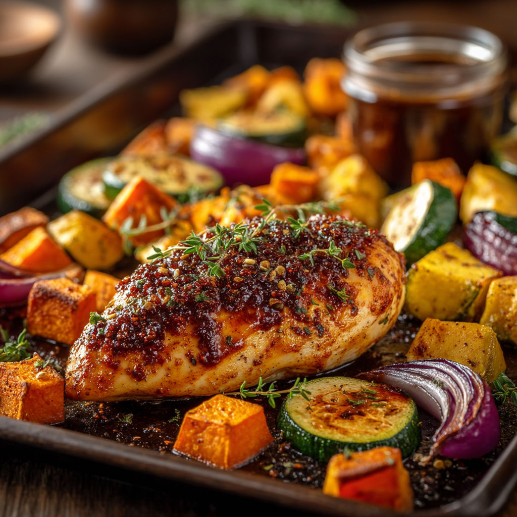 A pan of food with a chicken breast, squash, onions, and other vegetables.