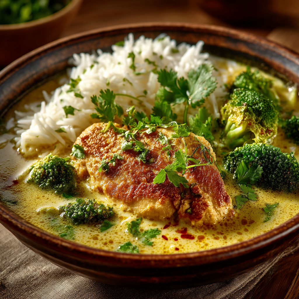 A bowl of food with rice, broccoli, and chicken.