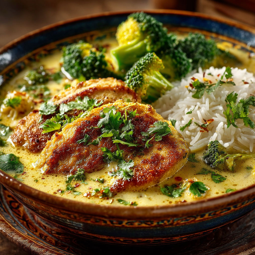 A bowl of food with broccoli, rice, and chicken.