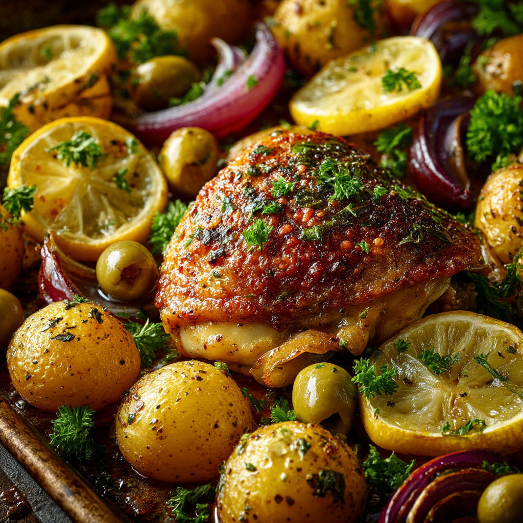 A pan of chicken and lemon slices.