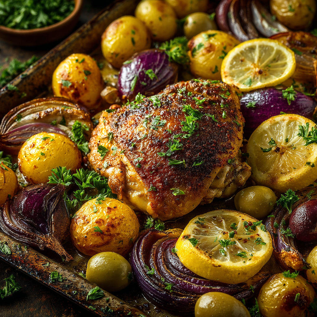 A pan of food with chicken, potatoes, and lemon wedges.