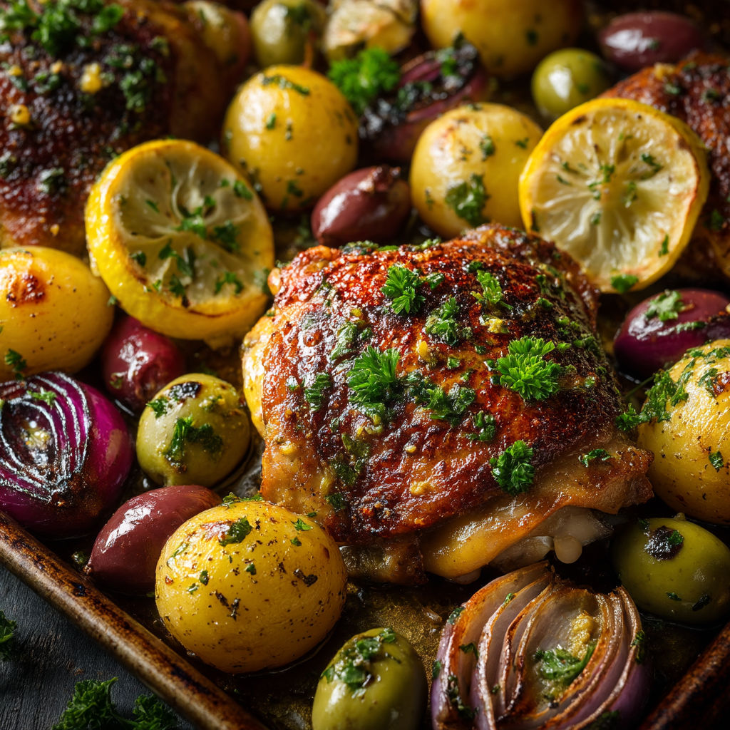 A pan of food with potatoes, onions, and lemon wedges.