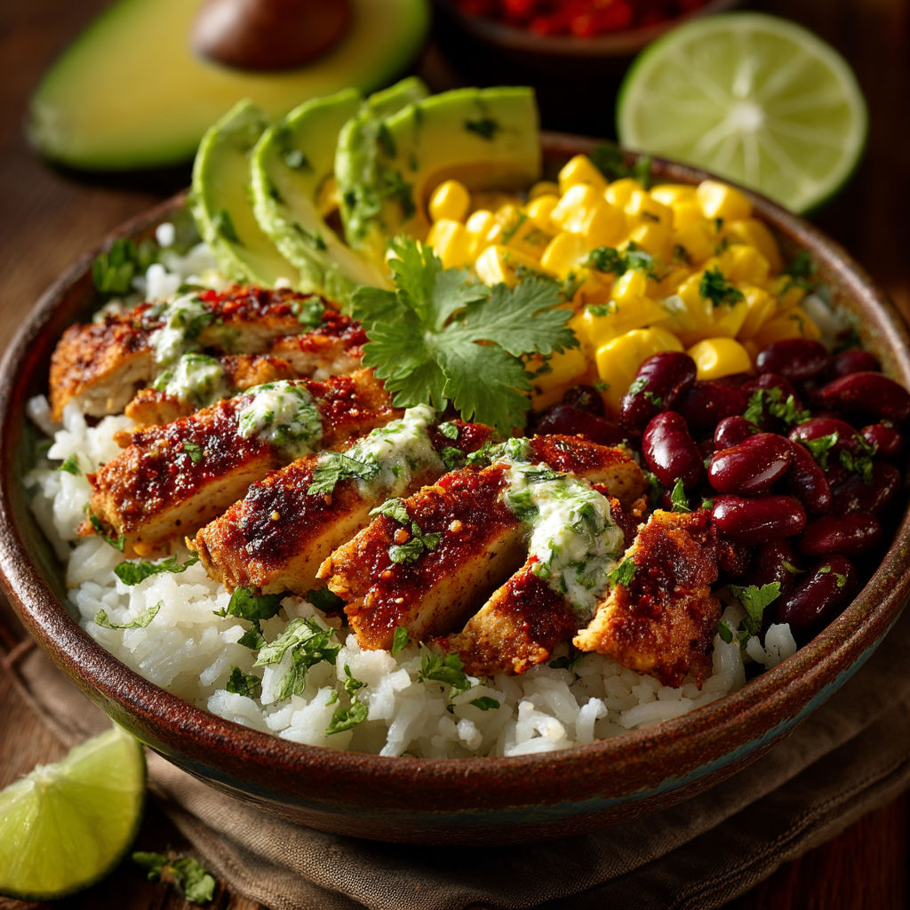 A bowl of Mexican food with rice, beans, corn, and avocado.