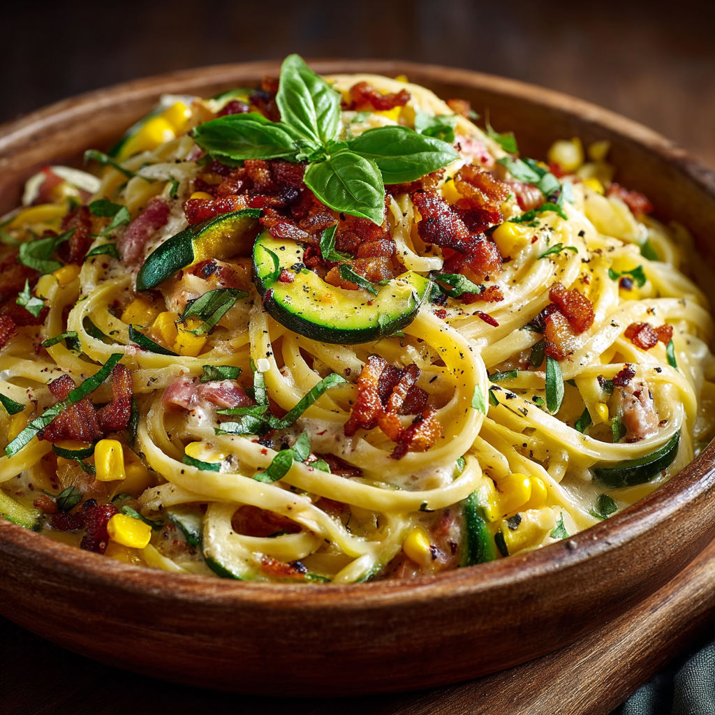 A bowl of pasta with vegetables and bacon.