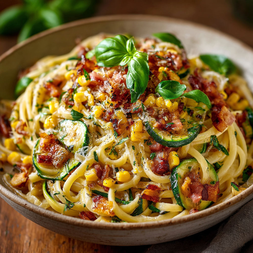 A bowl of pasta with vegetables and bacon.