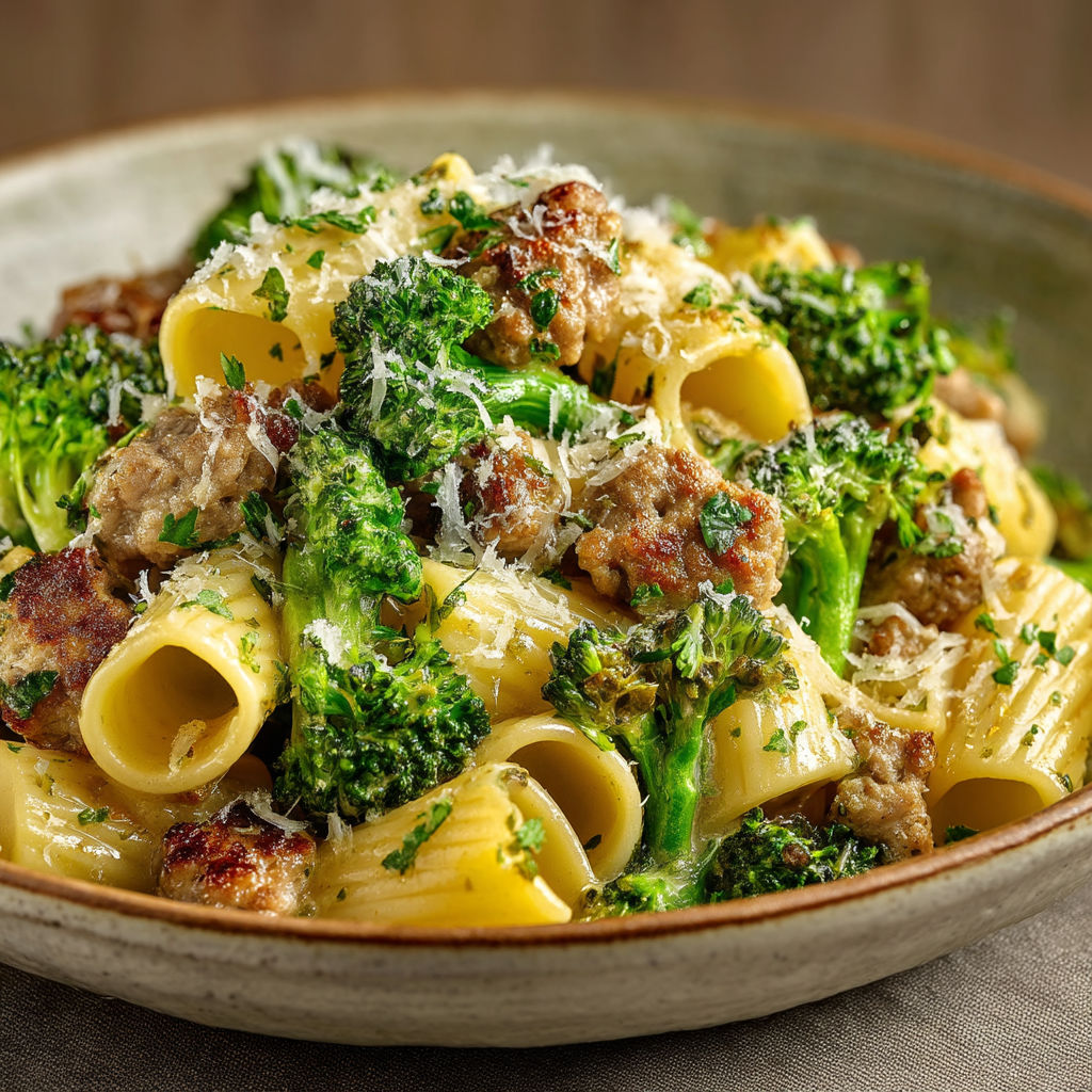 A bowl of rigatoni pasta with meat and broccoli.