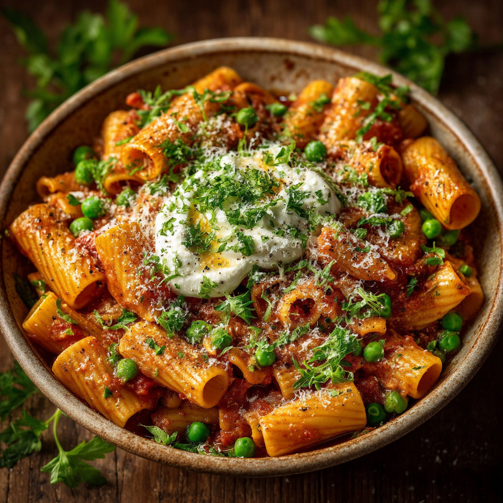 A bowl of pasta with a white sauce and peas.