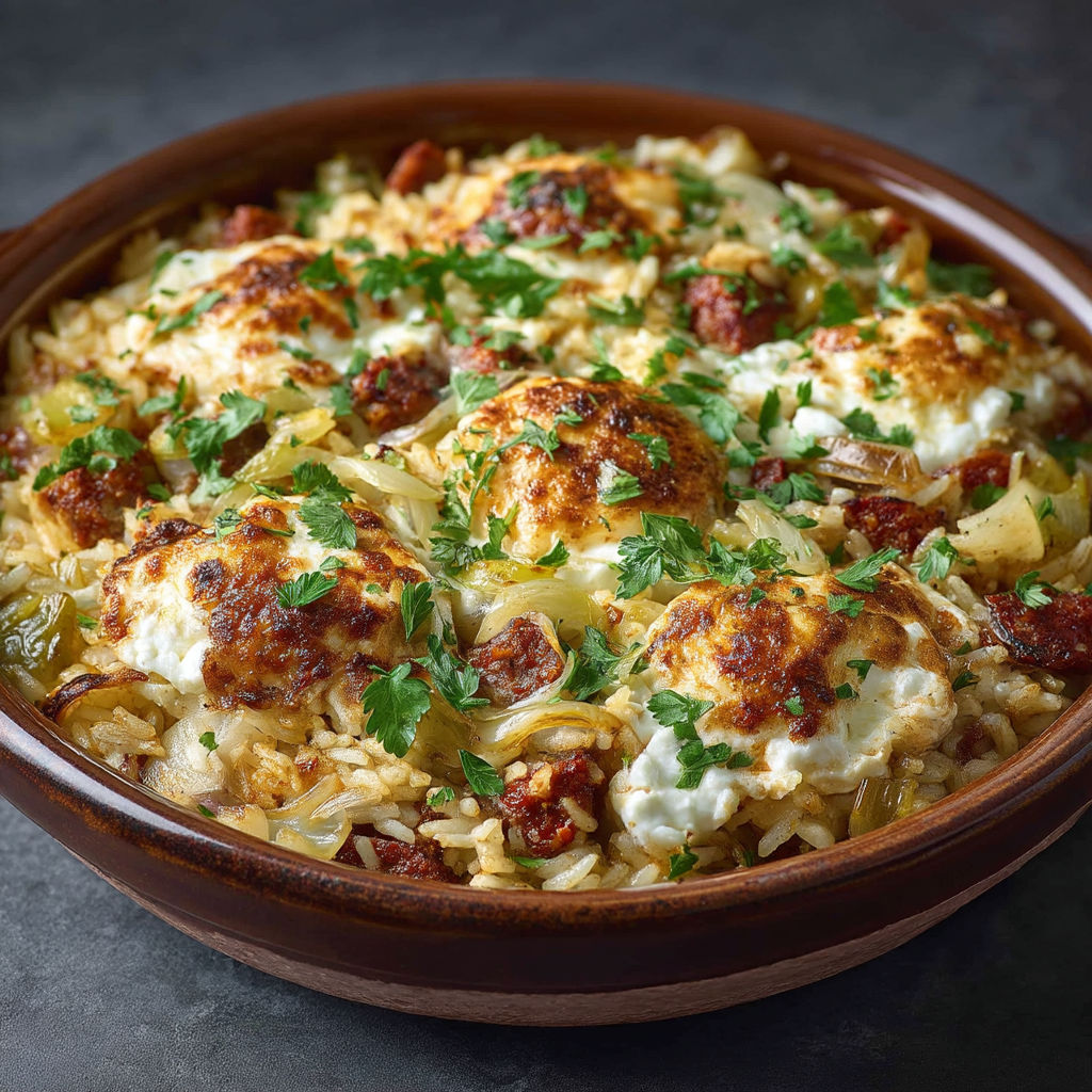 A bowl of food with chorizo, chèvre and rice.