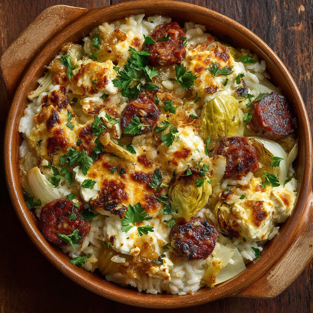 A bowl of food with rice, sausage, and onions.